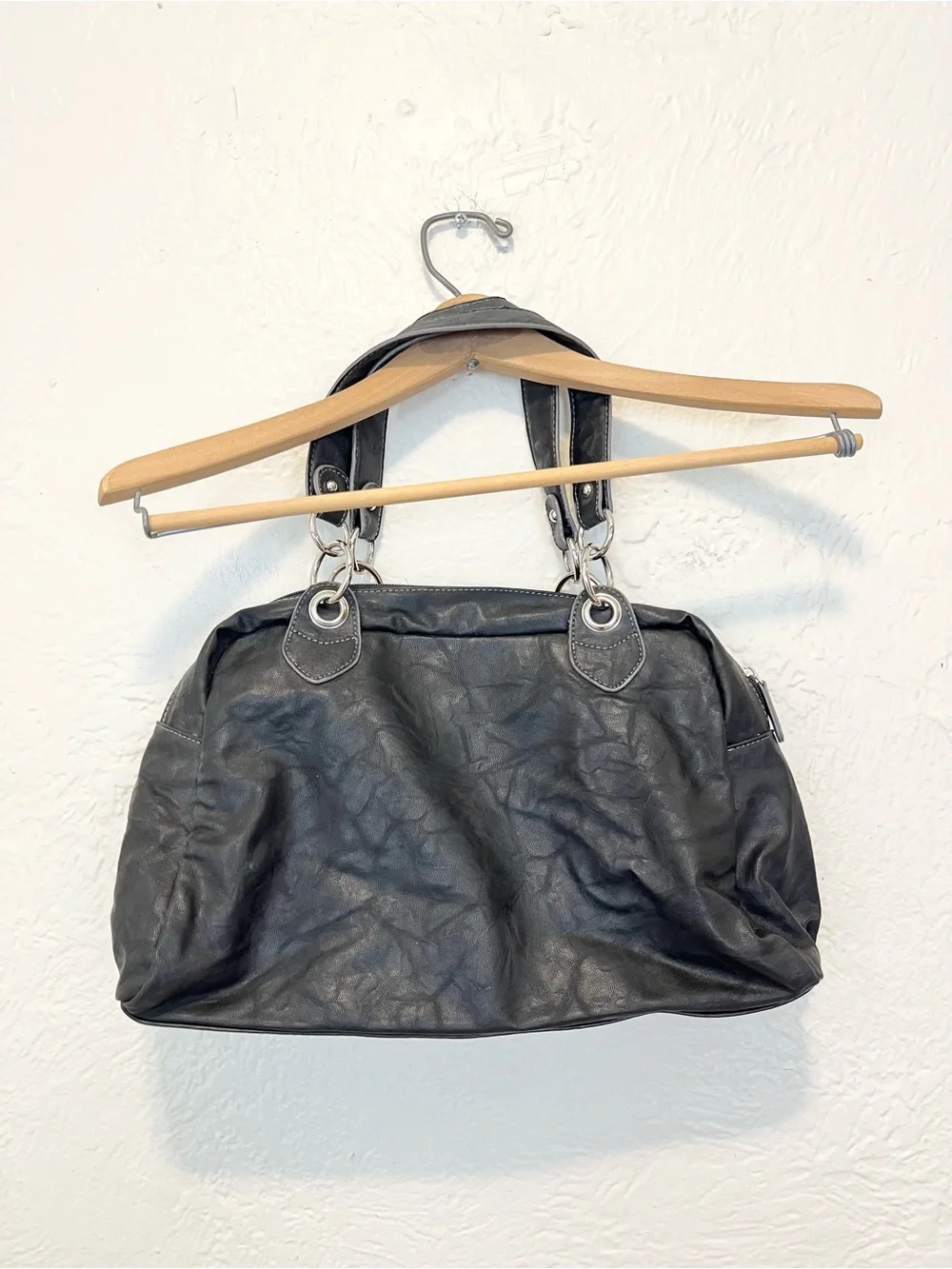 Vintage 90s Y2K Handbag Bag Black Faux Leather Hobo Ruffle XOXO